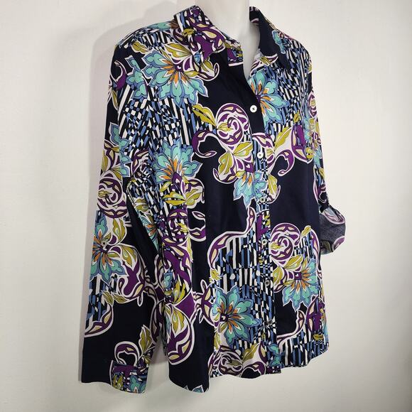Chicos No-Iron Women Button Shirt Cotton Floral Geometric Long Tab Sleeve Medium - Picture 4 of 13